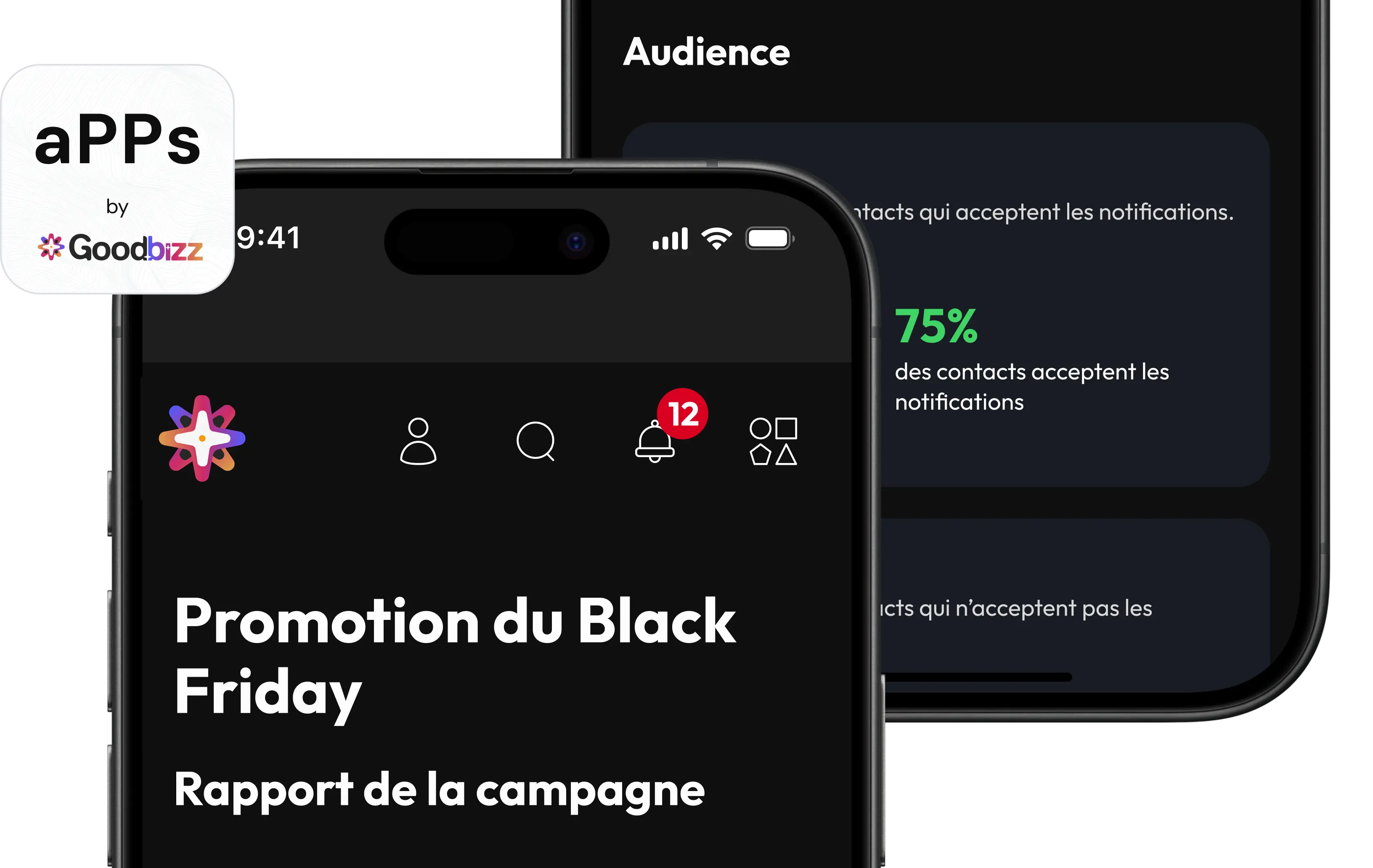 Deux téléphones affichant le panel d'administration GoodBiZZ