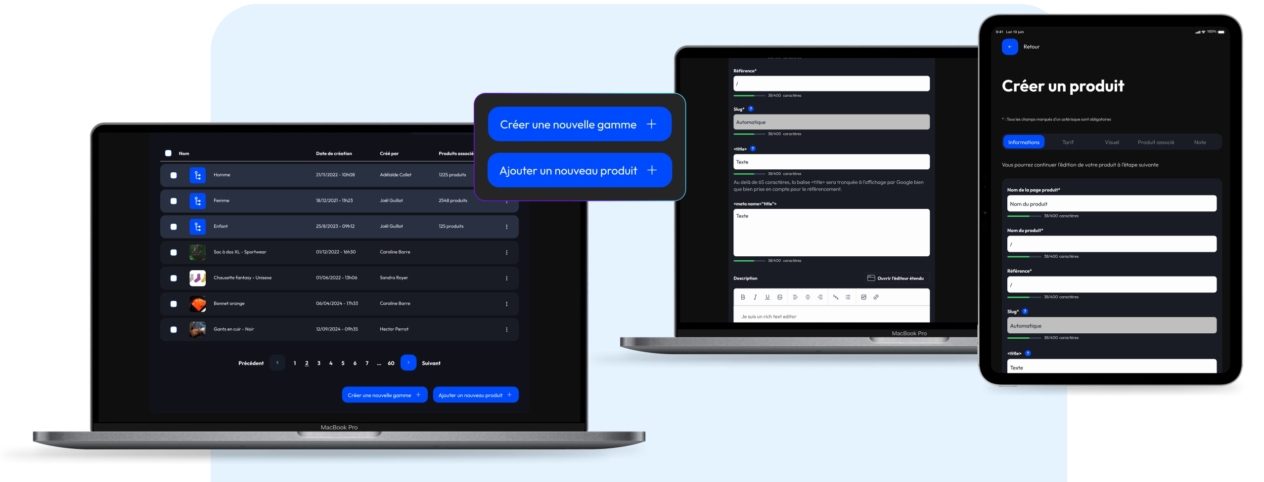 Administration du Pim affichant une popup de création de gamme.