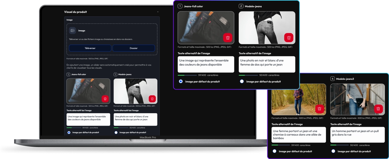 Administration du Pim affichant une modification d'un produit permettant d'y intégrer plusieurs visuels du produit.